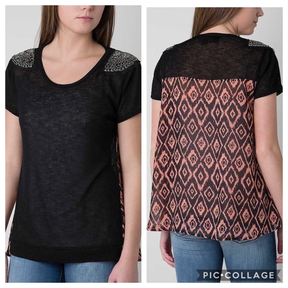 NWOT Daytrip Black Knit Beaded Sheer Tribal Top